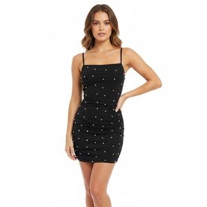 MISTYROSE Mini Dress S Black Ruched Bodycon Spaghetti Strap Embellished Party